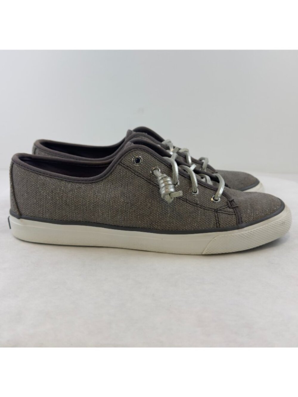 Sperry Seacoast Sneaker Womens Size 8M Canvas Metallic Silver Gray Boat Shoes - Picture 3 of 13